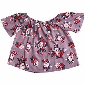 Womens Juniors Sheer Blouse Mauve Floral Large L Off Shoulder Flutter Sleeve
